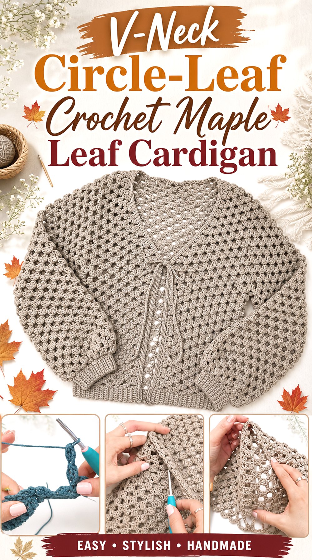 V Neck Circle Leaf Crochet Maple Leaf Cardigan