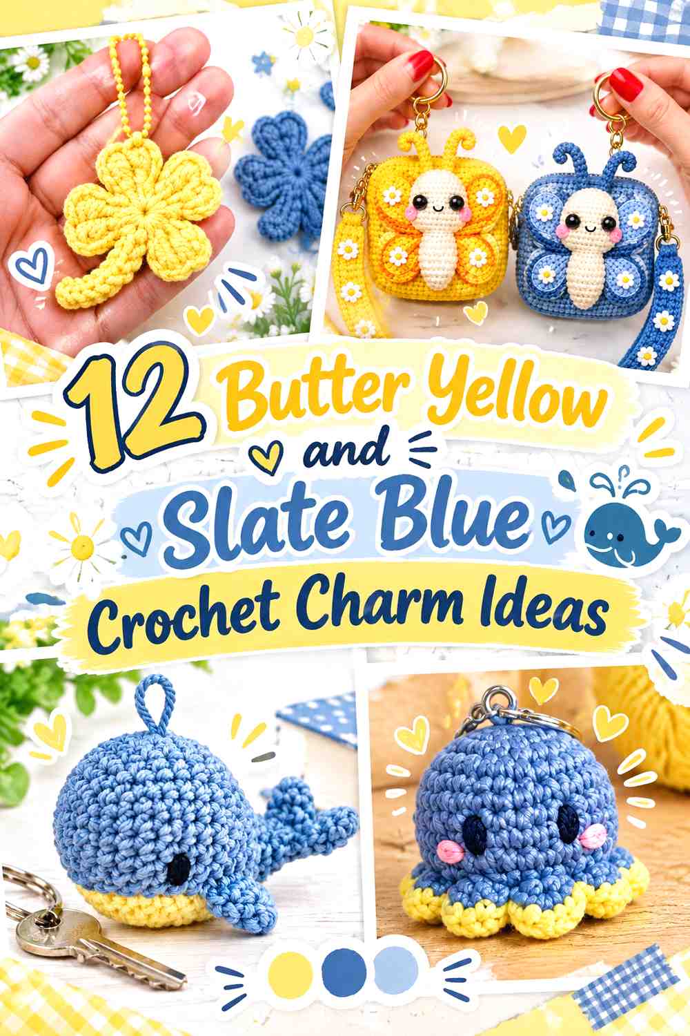 12 Butter Yellow and Slate Blue Crochet Charm Ideas