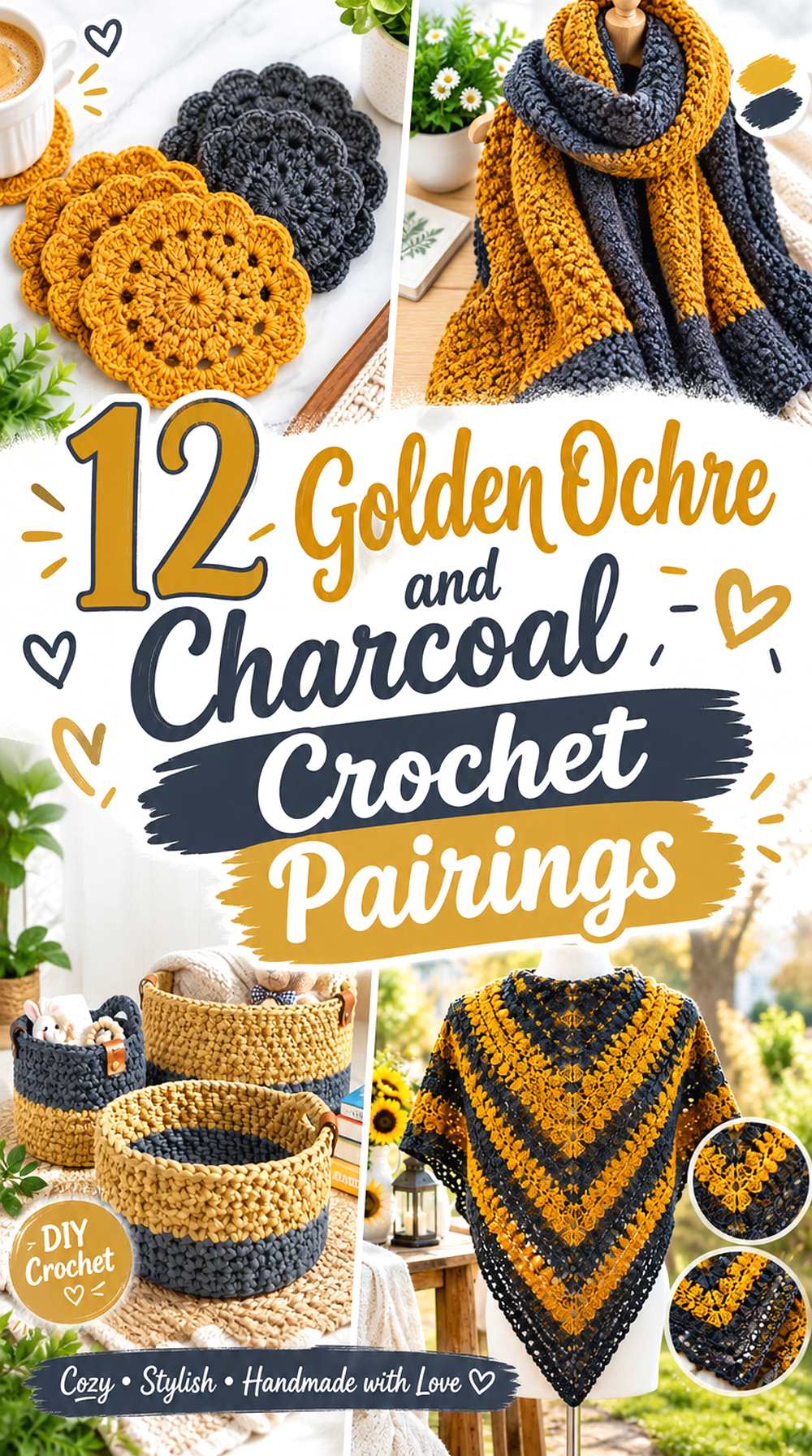 12 Golden Ochre and Charcoal Crochet Pairings