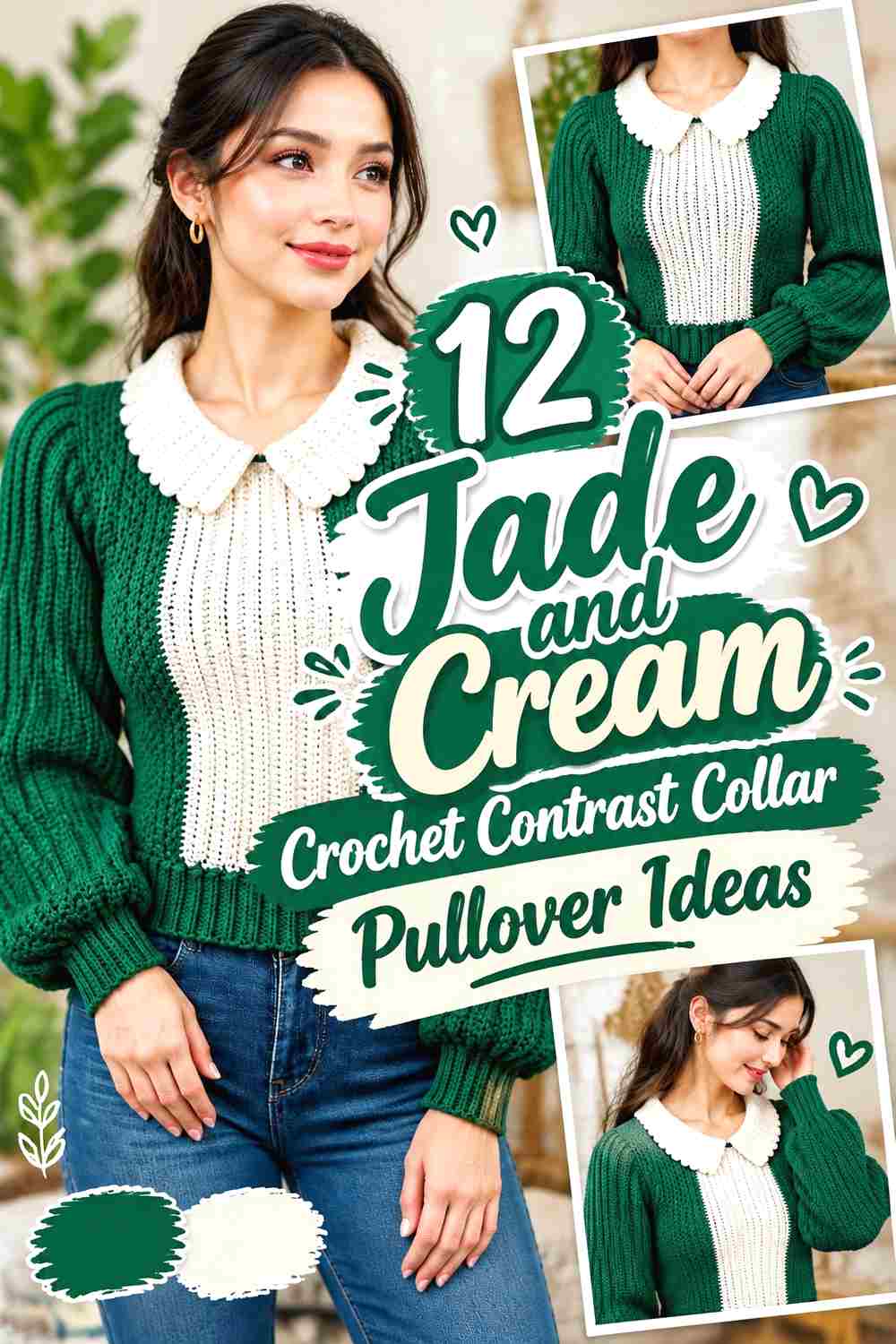 12 Jade and Cream Crochet Contrast Collar Pullover Ideas