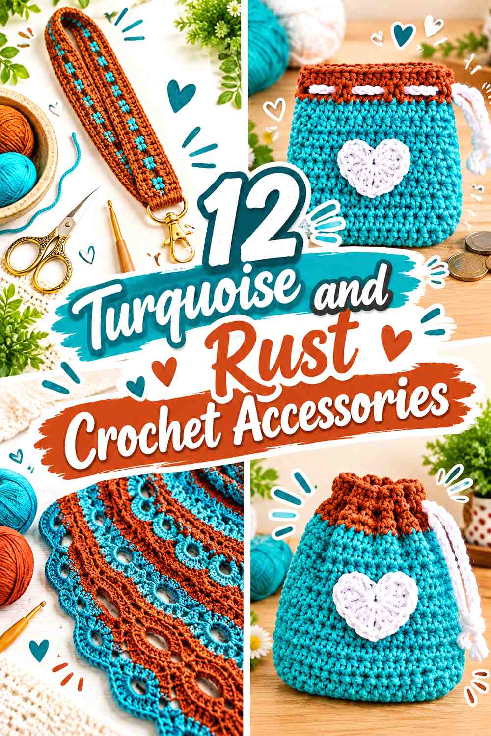 12 Turquoise and Rust Crochet Accessories