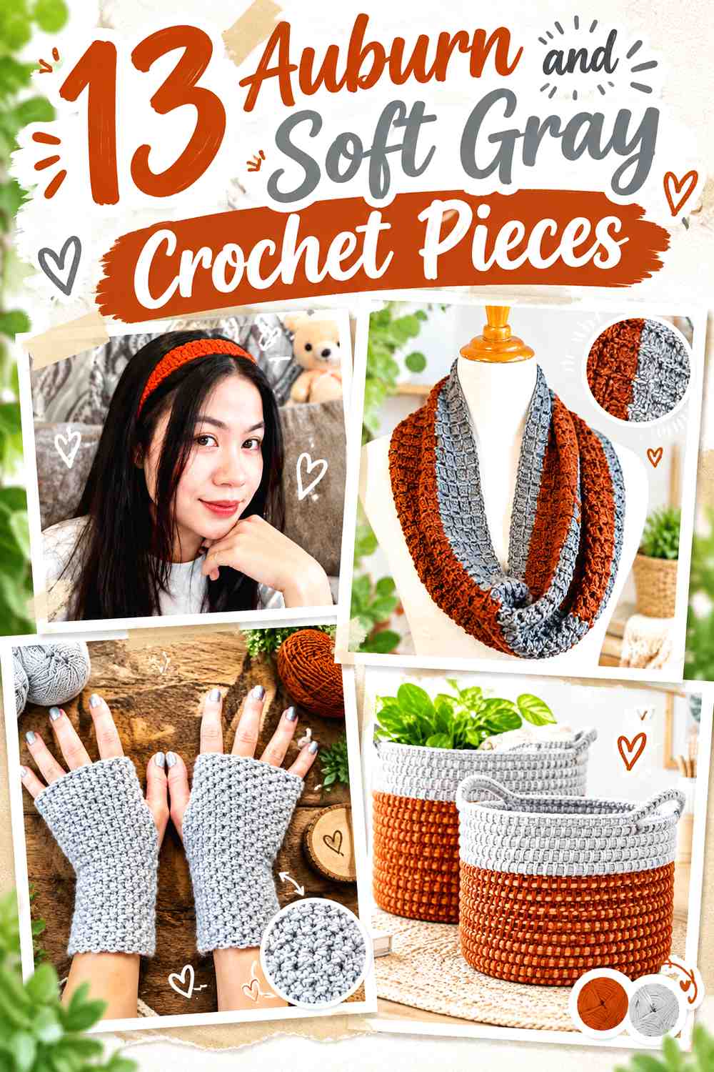 13 Auburn and Soft Gray Crochet Pieces