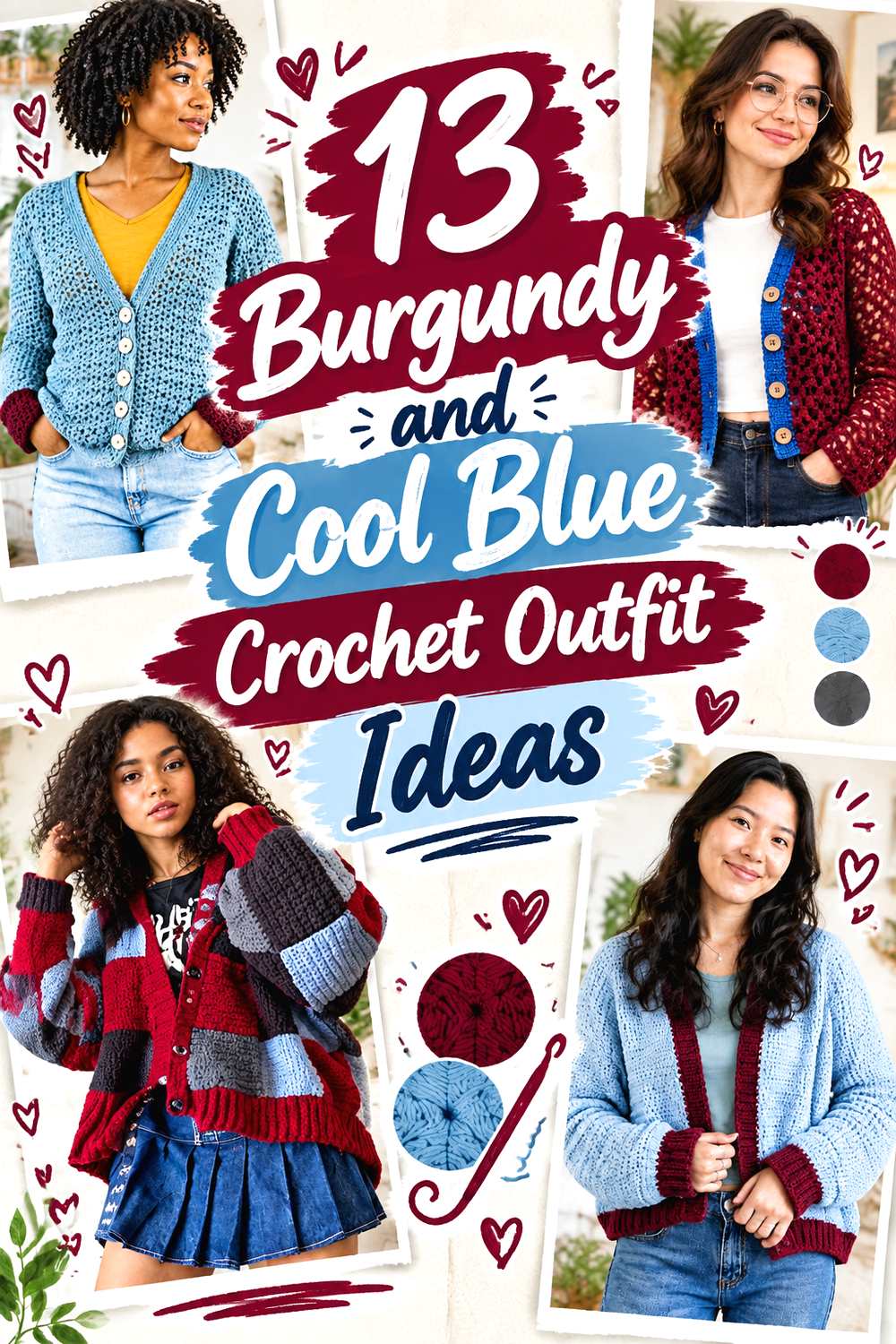 14 Burgundy and Cool Blue Crochet Outfit Ideas