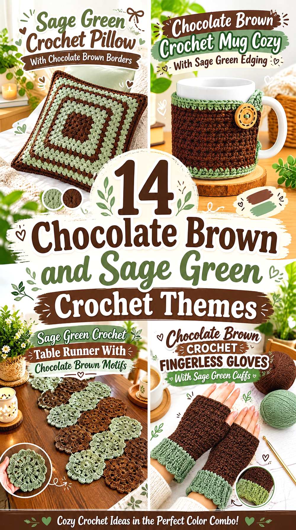 14 Chocolate Brown and Sage Green Crochet Themes