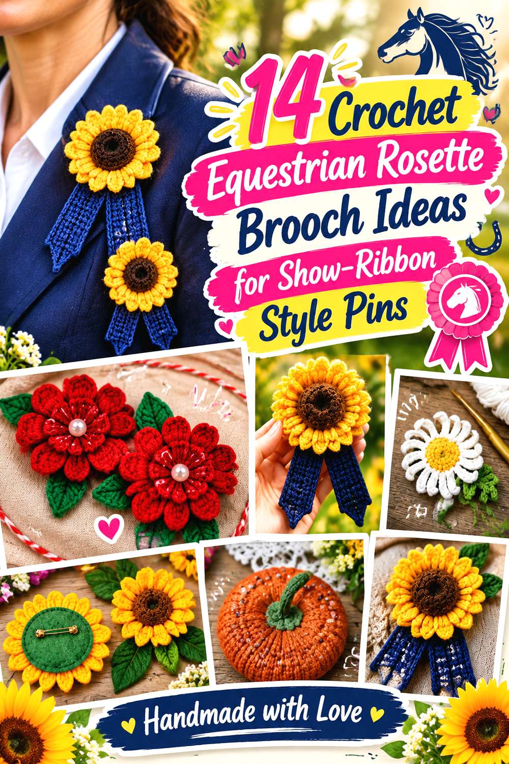 Crochet Equestrian Rosette Brooch Ideas for Show Ribbon Style Pins