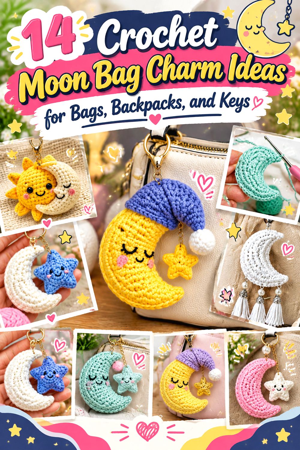 Crochet Moon Bag Charm Ideas for Bags, Backpacks, and Keys