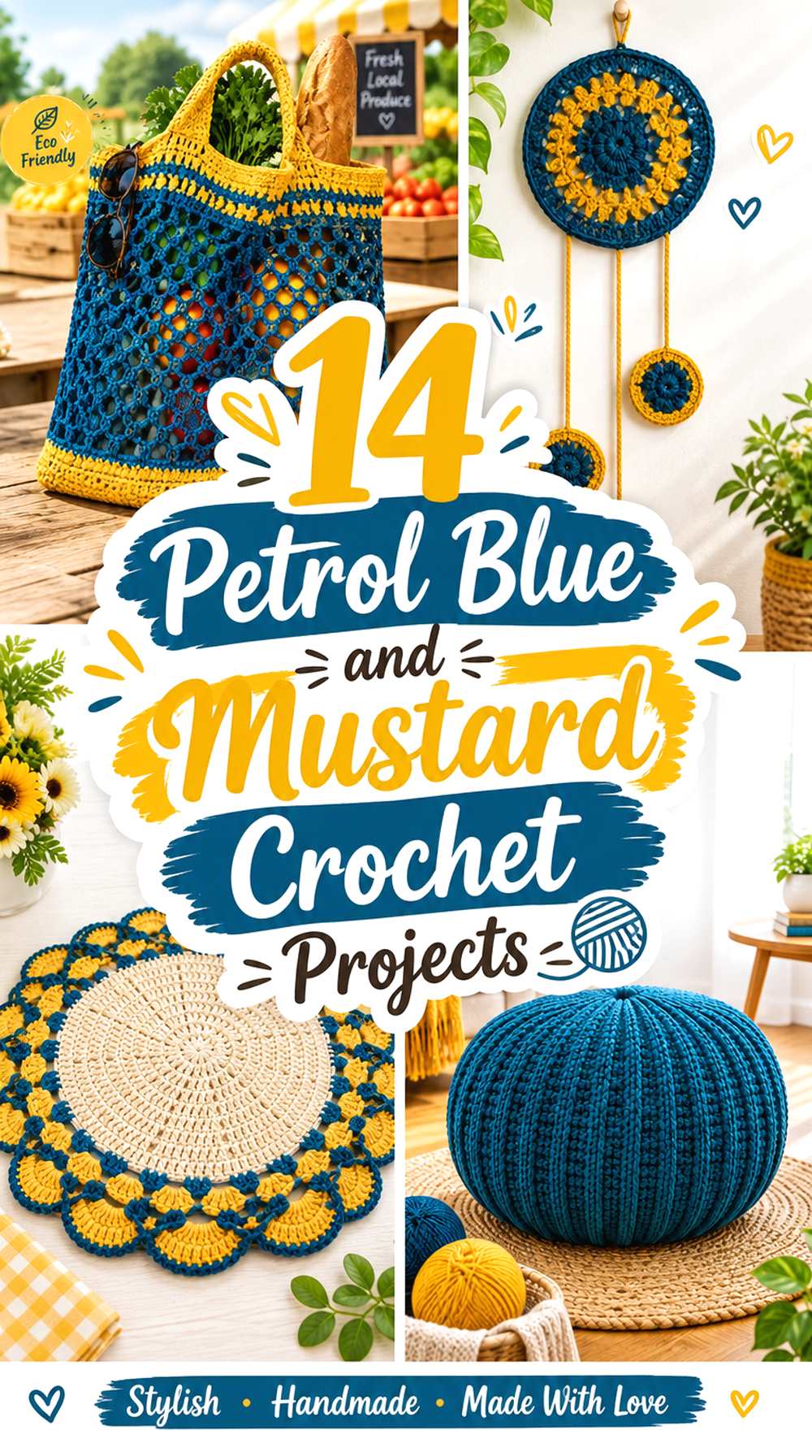 14 Petrol Blue and Mustard Crochet Projects