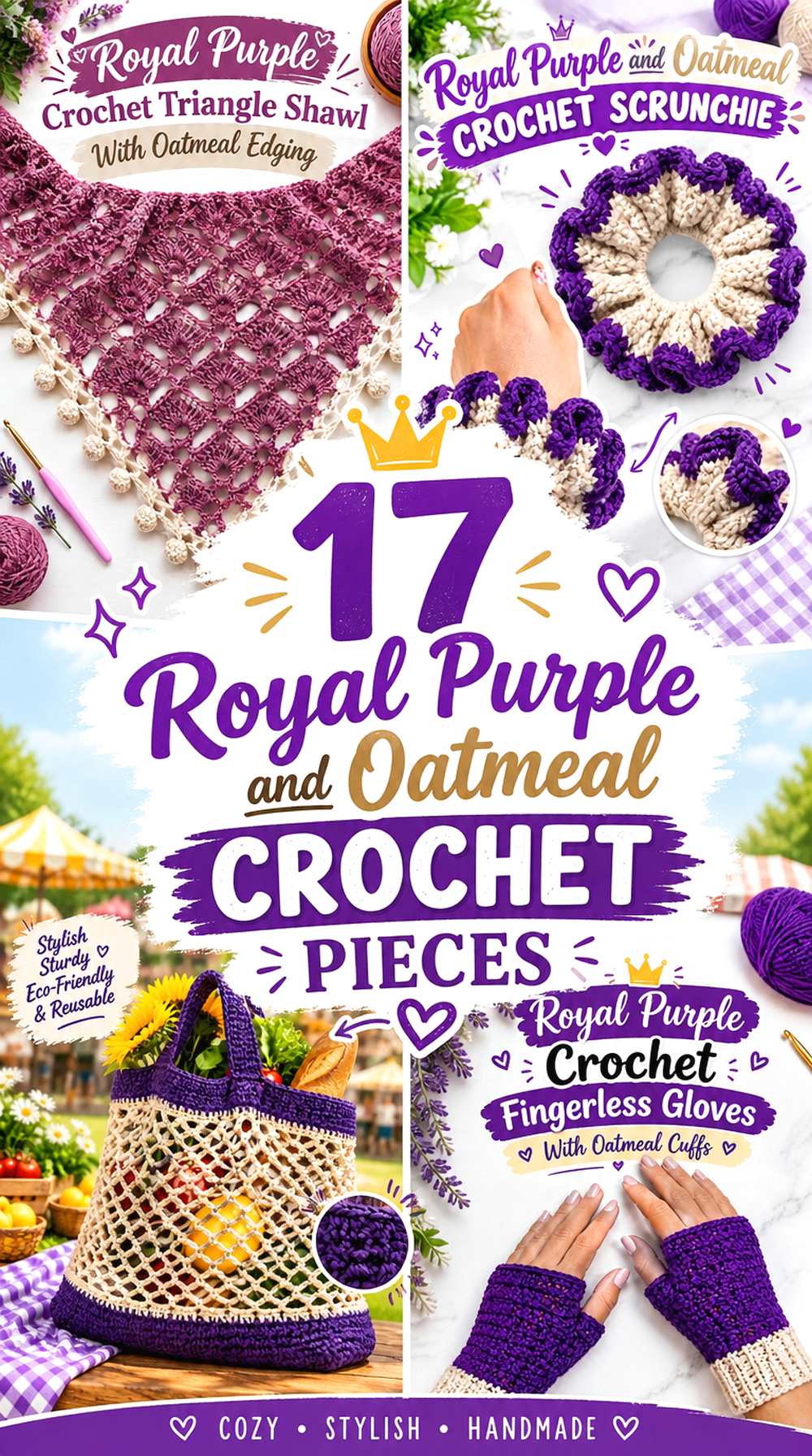 17 Royal Purple and Oatmeal Crochet Pieces