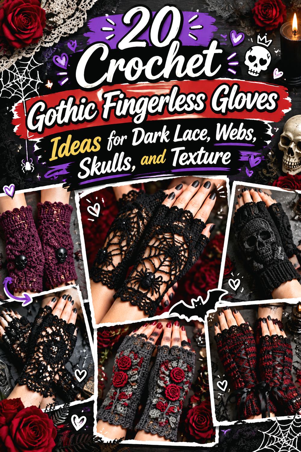 Crochet Gothic Fingerless Gloves Ideas for Dark Lace, Webs, Skulls, and Texture