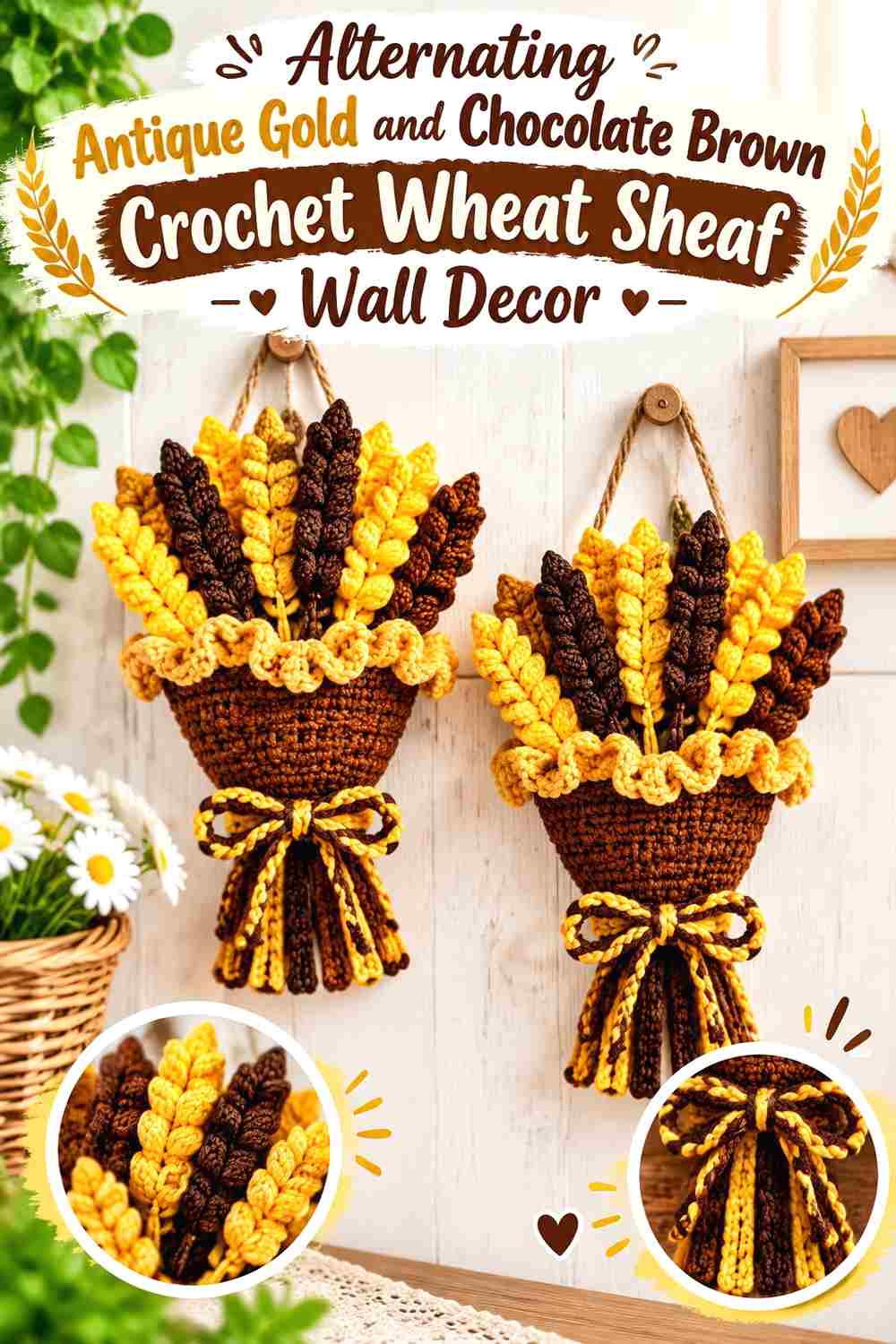 5. Alternating Antique Gold And Chocolate Brown Crochet Wheat Sheaf Wall Decor