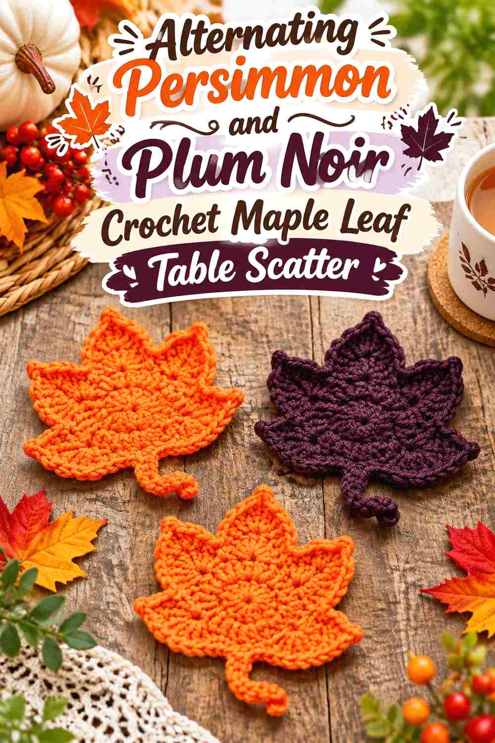 9. Alternating Persimmon And Plum Noir Crochet Maple Leaf Table Scatter