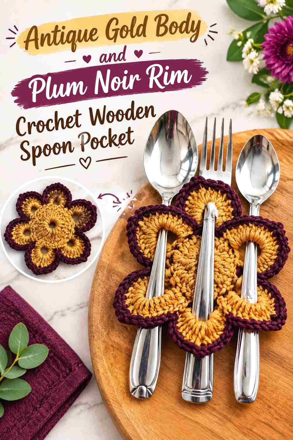 2. Antique Gold Body And Plum Noir Rim Crochet Wooden Spoon Pocket