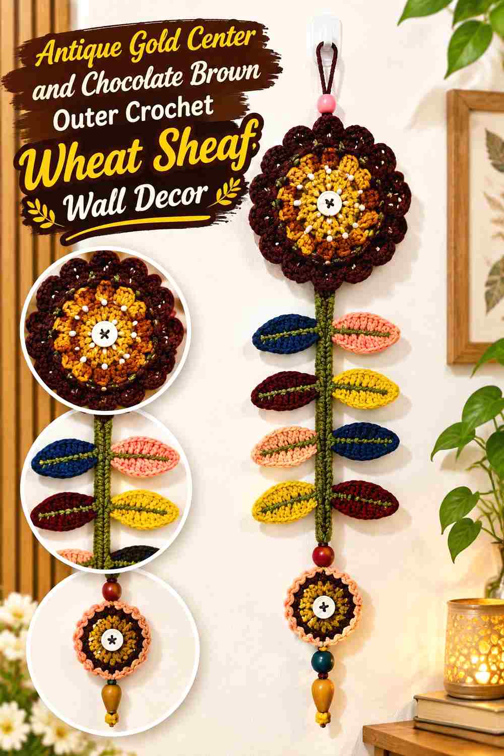 3. Antique Gold Center And Chocolate Brown Outer Crochet Wheat Sheaf Wall Decor