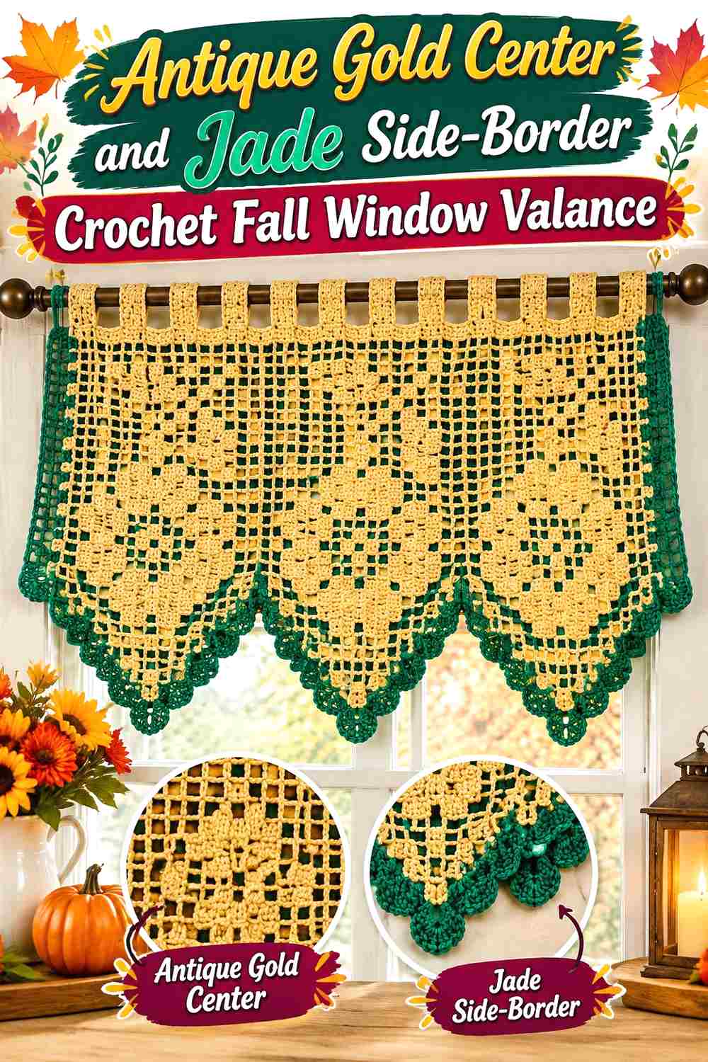 4. Antique Gold Center And Jade Side Border Crochet Fall Window Valance