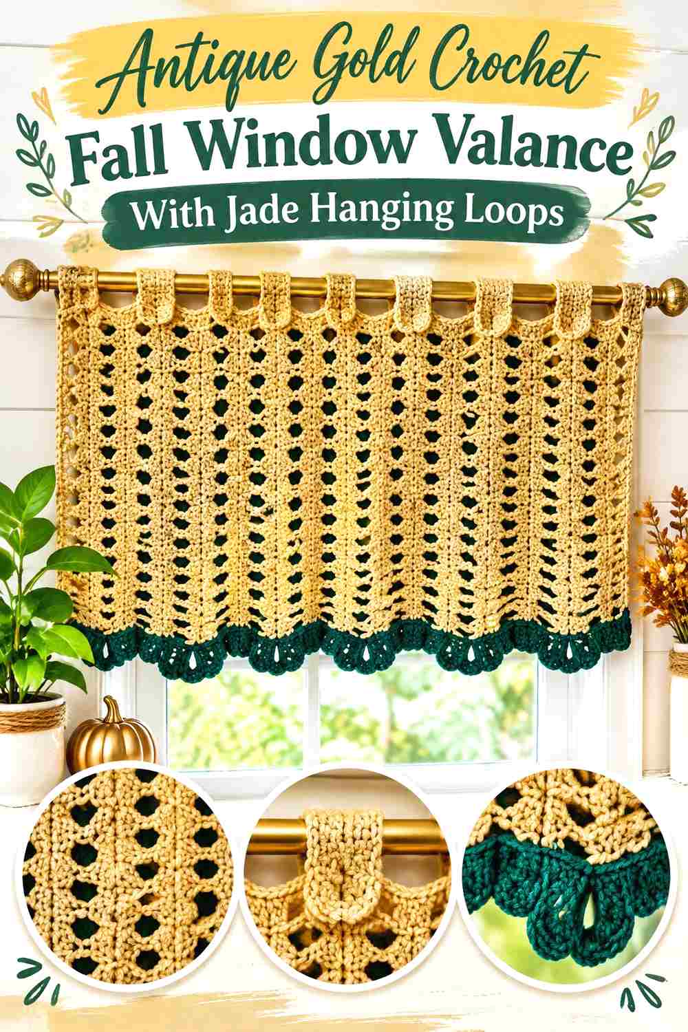 11. Antique Gold Crochet Fall Window Valance With Jade Hanging Loops