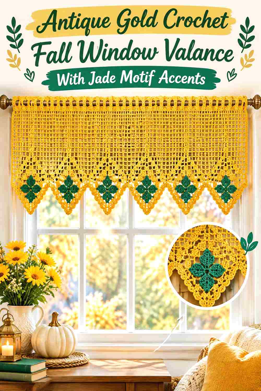 5. Antique Gold Crochet Fall Window Valance With Jade Motif Accents