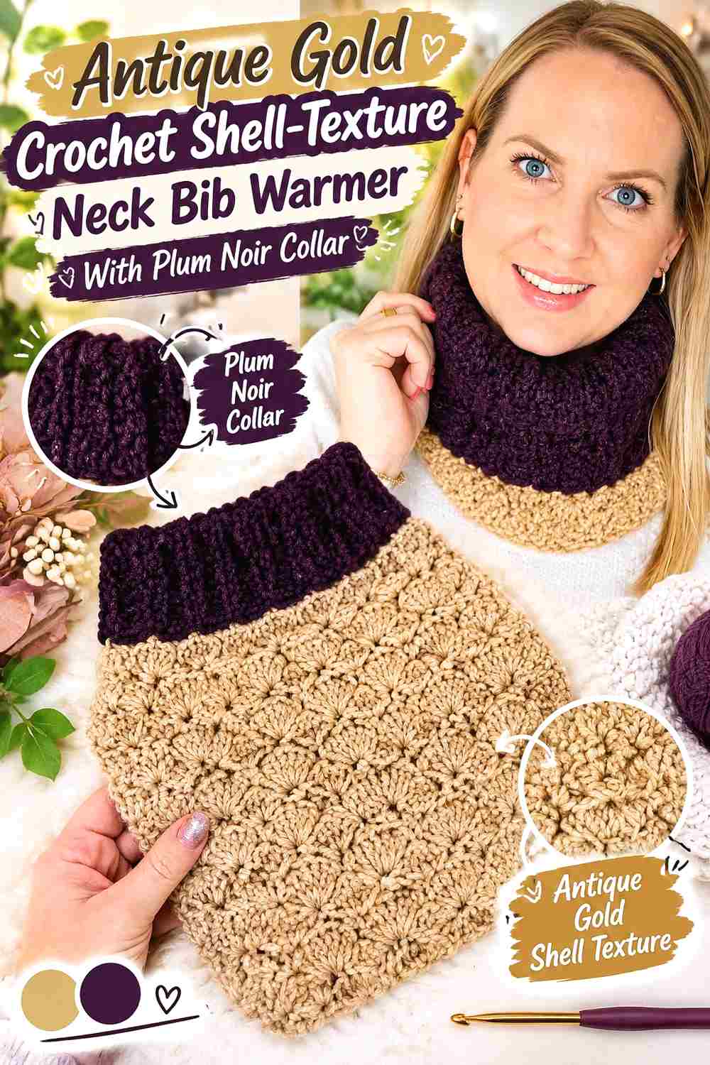 9. Antique Gold Crochet Shell Texture Neck Bib Warmer With Plum Noir Collar