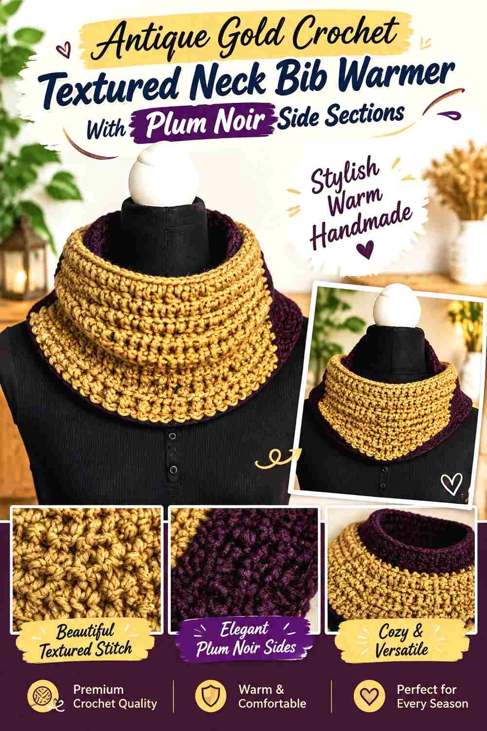 16. Antique Gold Crochet Textured Neck Bib Warmer With Plum Noir Side Sections