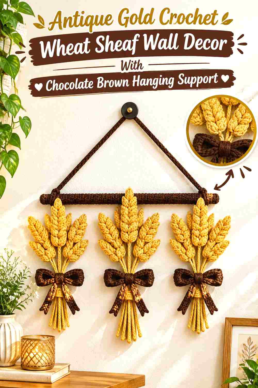 14. Antique Gold Crochet Wheat Sheaf Wall Decor With Chocolate Brown Hanging Support