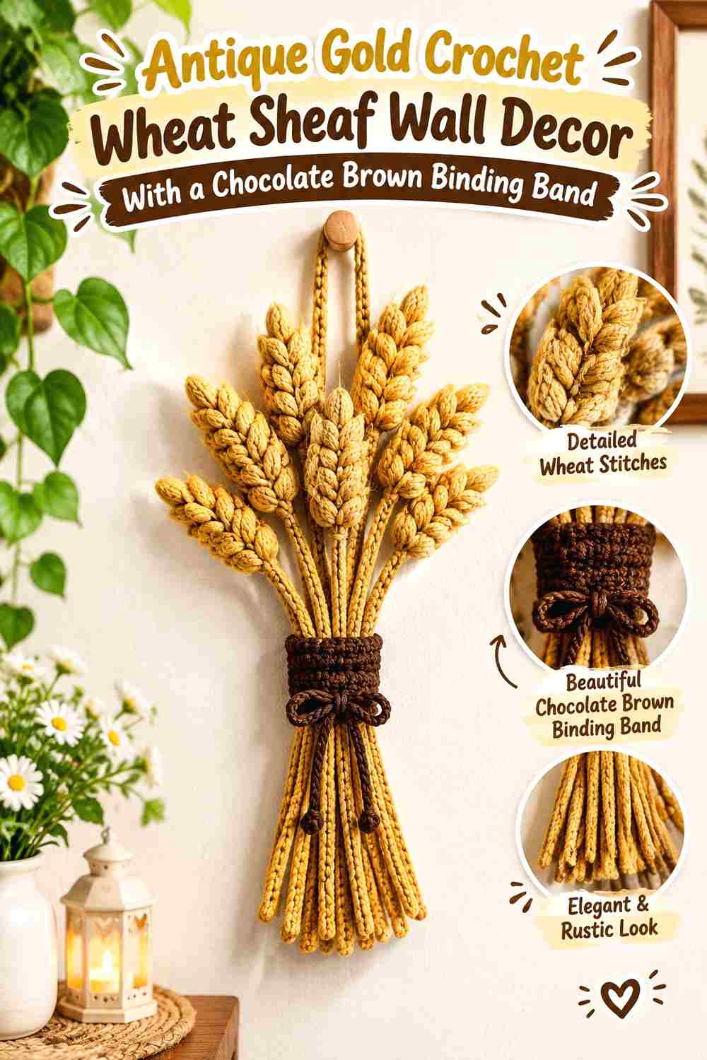 6. Antique Gold Crochet Wheat Sheaf Wall Decor With A Chocolate Brown Binding Band