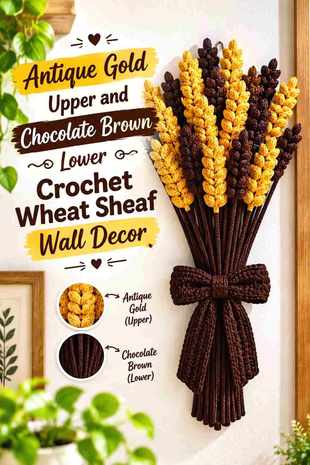 8. Antique Gold Upper And Chocolate Brown Lower Crochet Wheat Sheaf Wall Decor