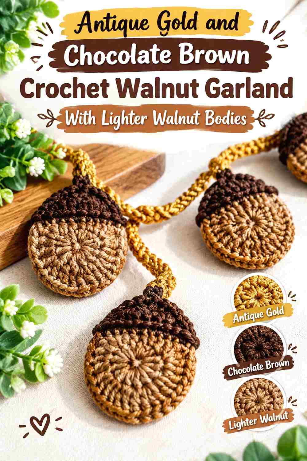 2. Antique Gold And Chocolate Brown Crochet Walnut Garland With Lighter Walnut Bodies