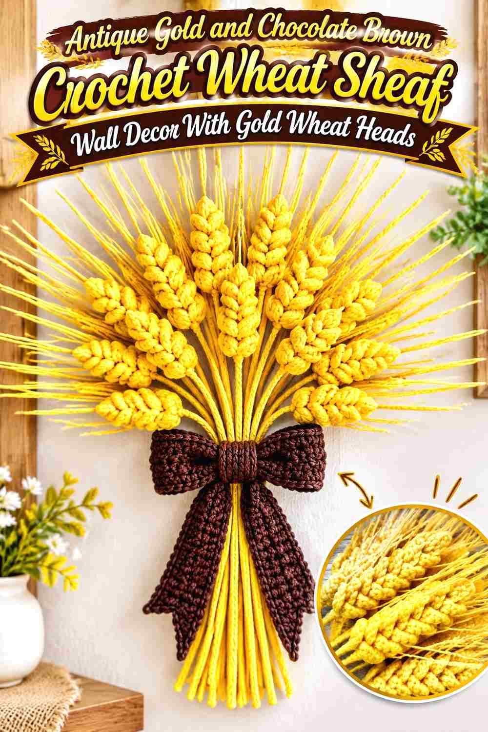 1. Antique Gold And Chocolate Brown Crochet Wheat Sheaf Wall Decor With Gold Wheat Heads