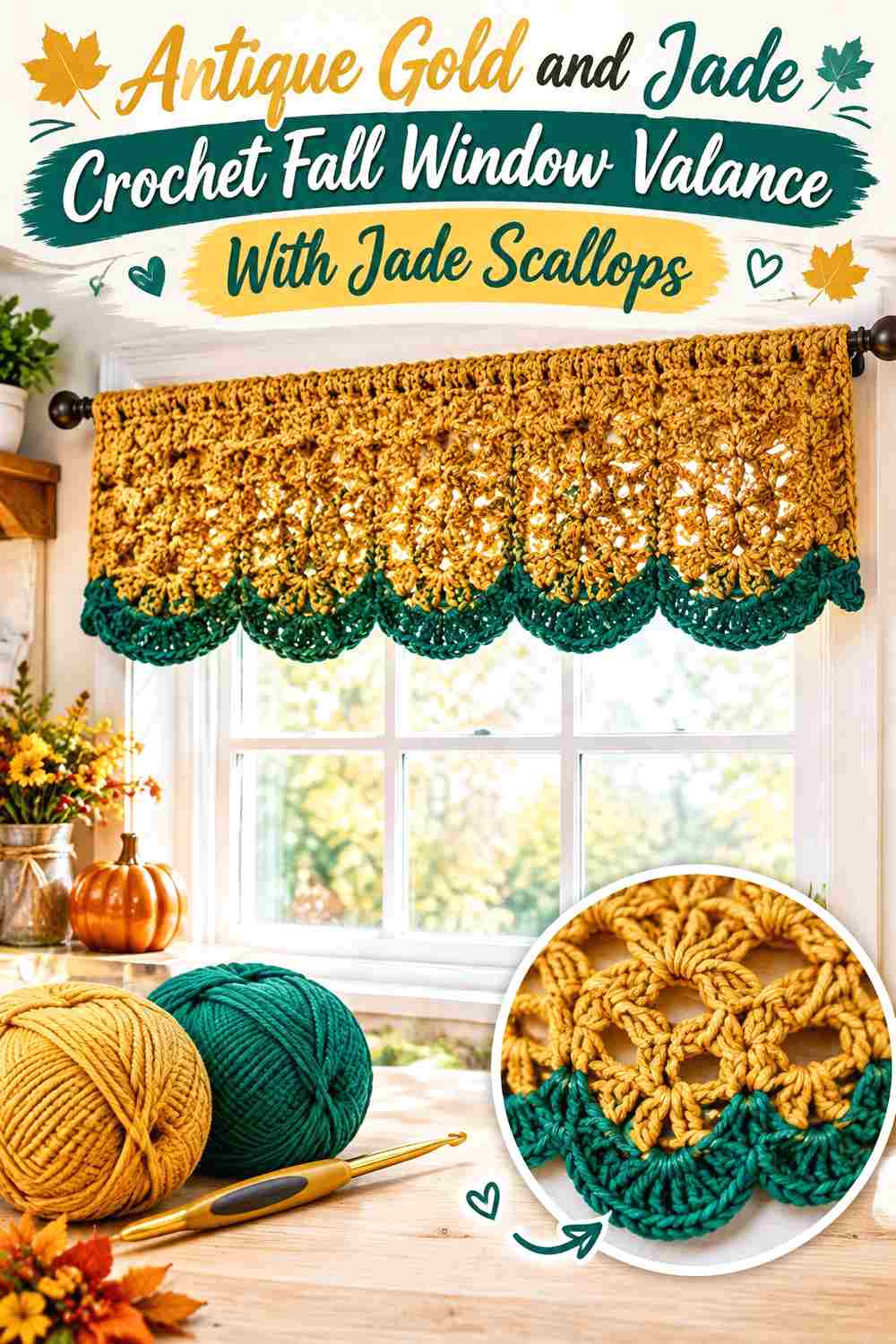 2. Antique Gold And Jade Crochet Fall Window Valance With Jade Scallops