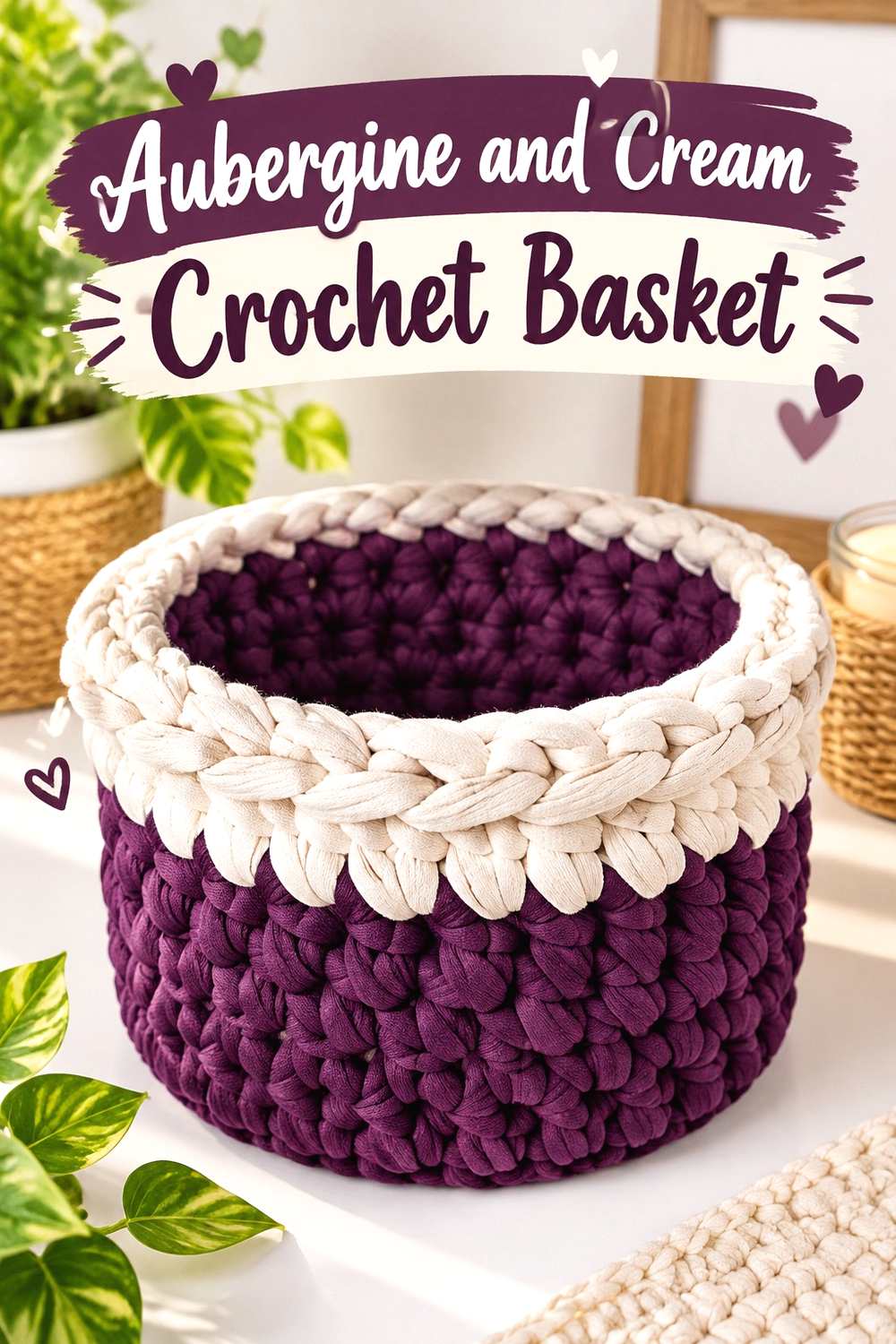 9. Aubergine And Cream Crochet Basket