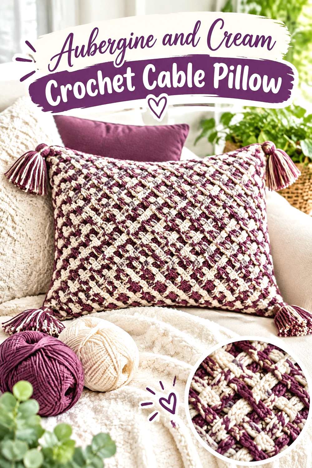 1. Aubergine And Cream Crochet Cable Pillow
