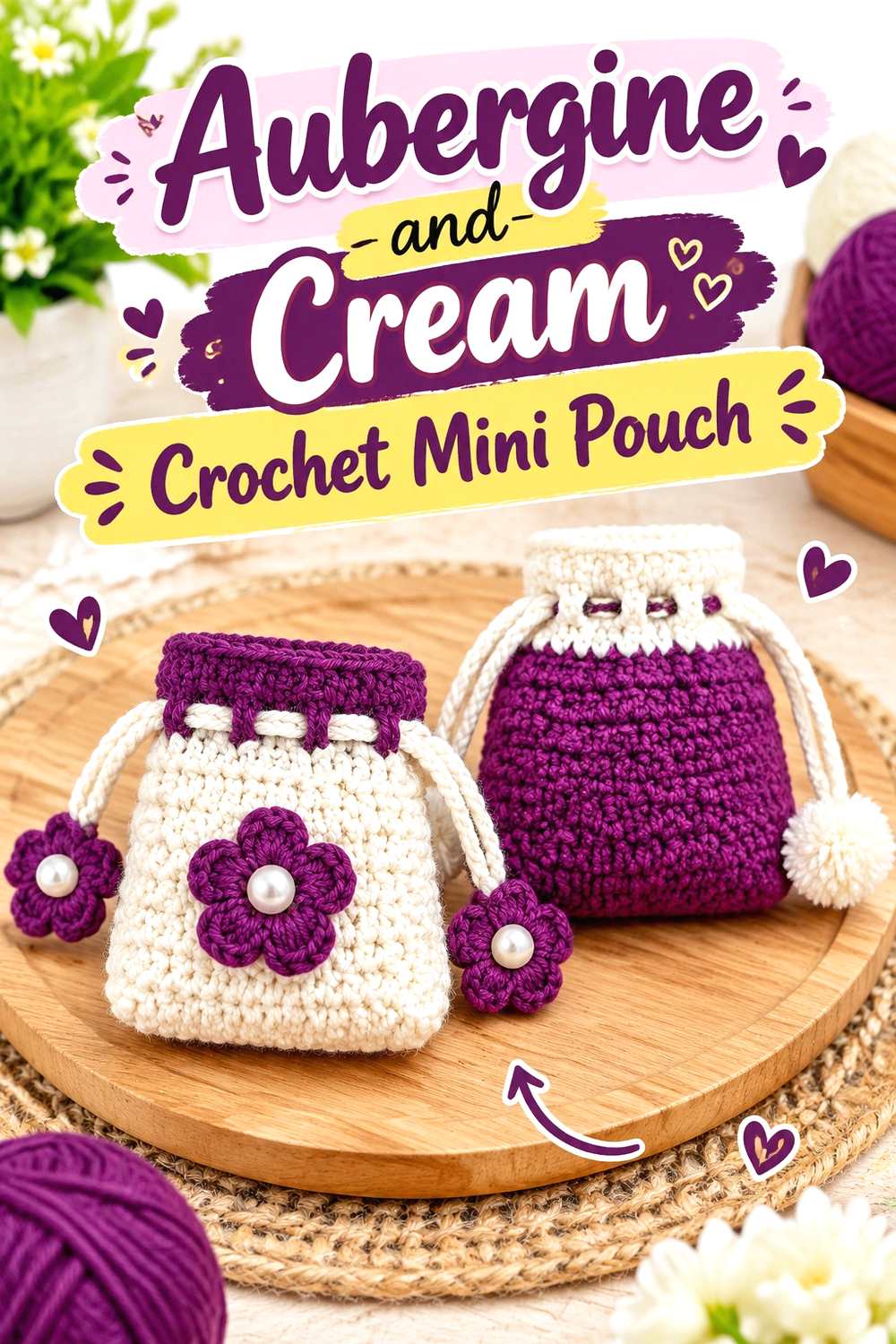 14. Aubergine And Cream Crochet Mini Pouch