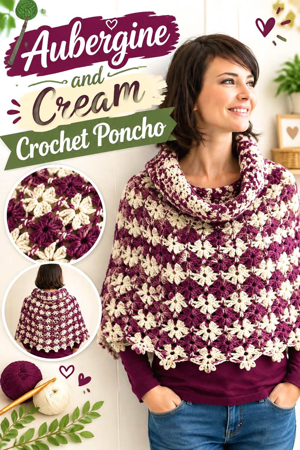 16. Aubergine And Cream Crochet Poncho