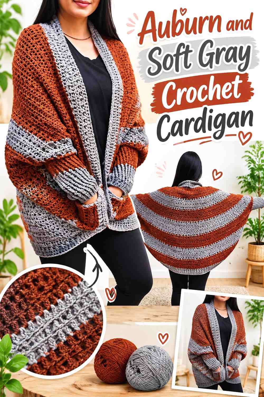1. Auburn And Soft Gray Crochet Cardigan
