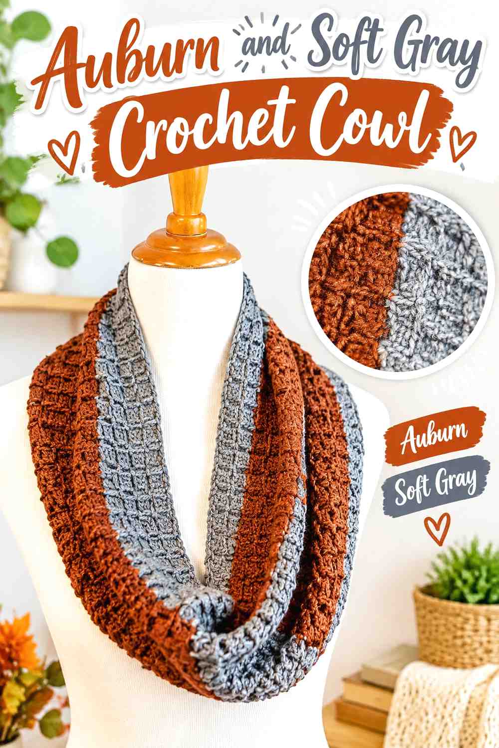 11. Auburn And Soft Gray Crochet Cowl