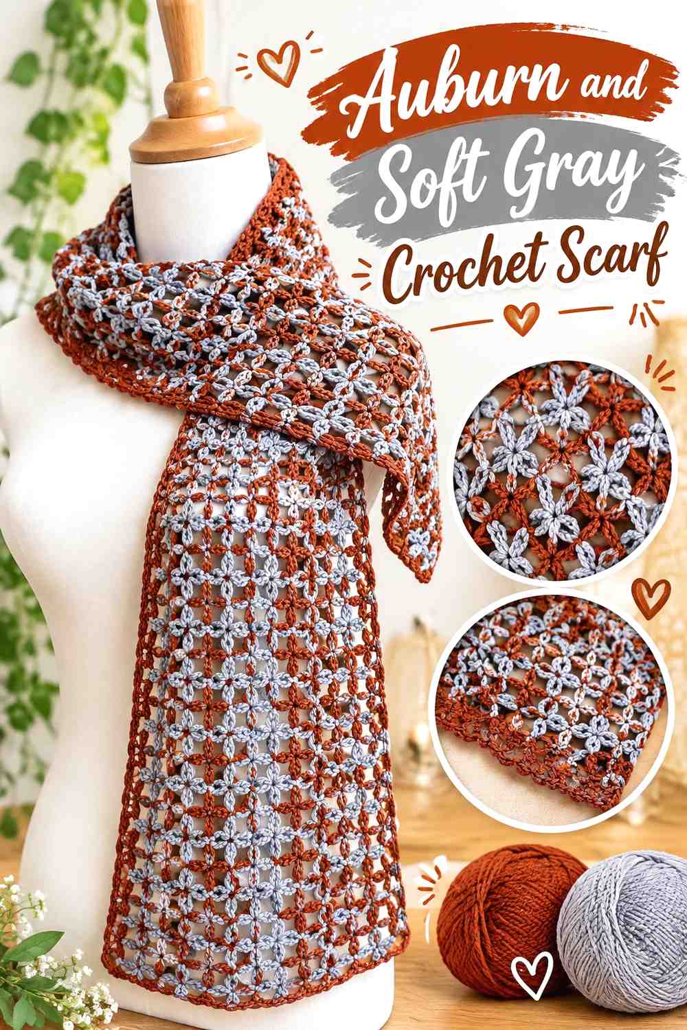 4. Auburn And Soft Gray Crochet Scarf