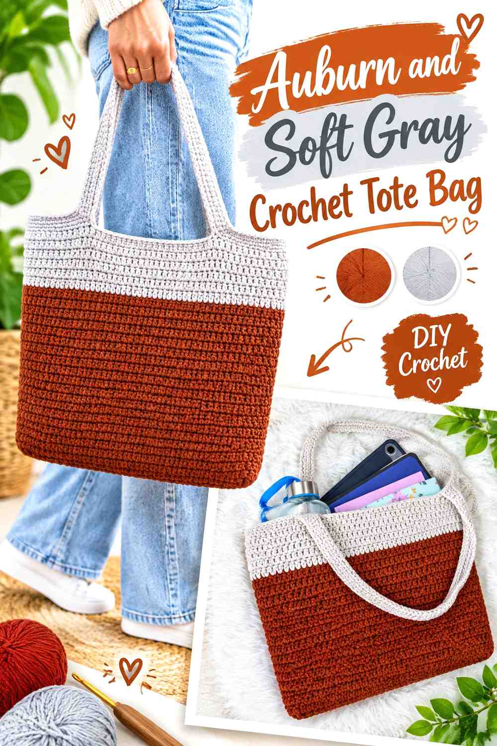 3. Auburn And Soft Gray Crochet Tote Bag