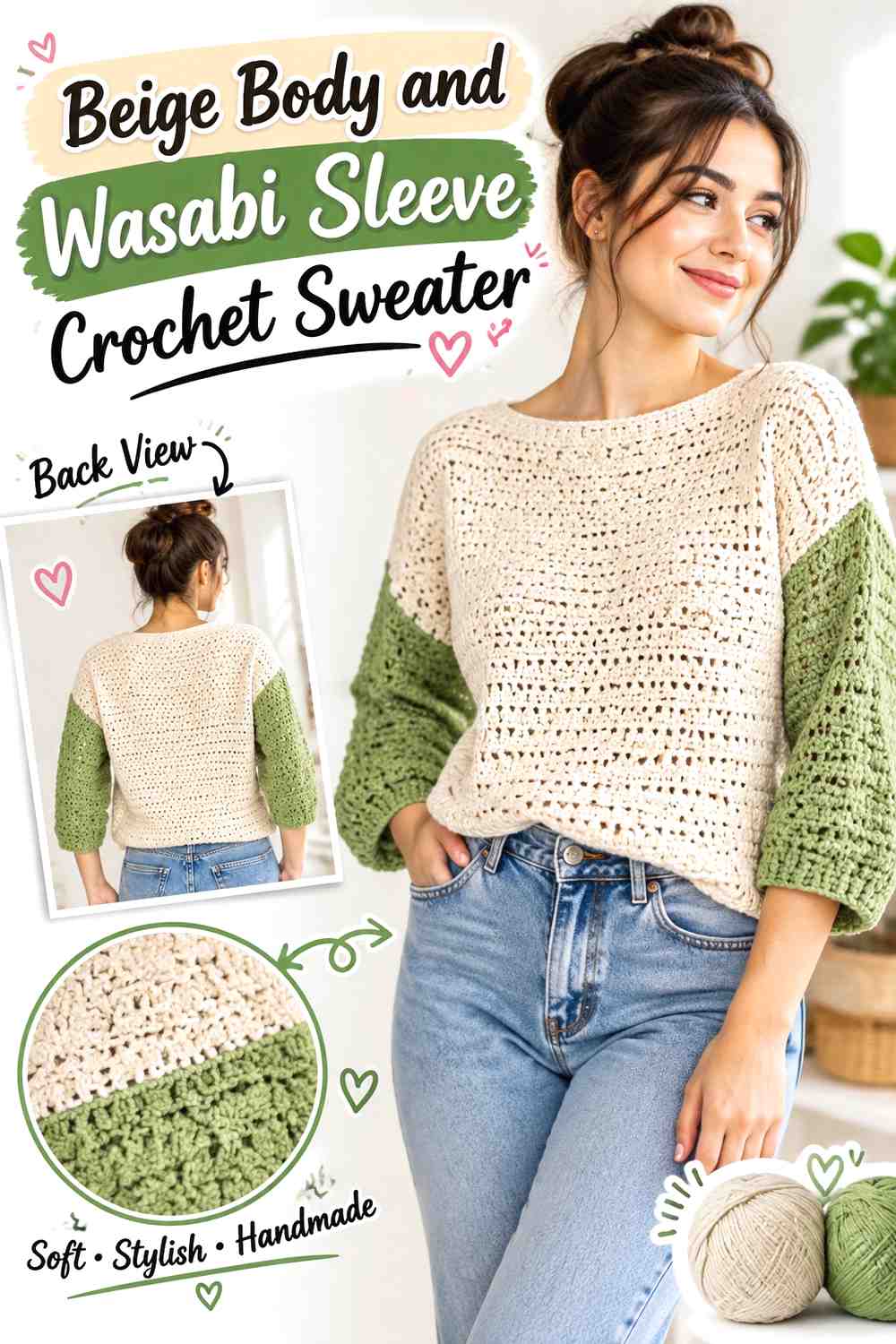 3. Beige Body And Wasabi Sleeve Crochet Sweater