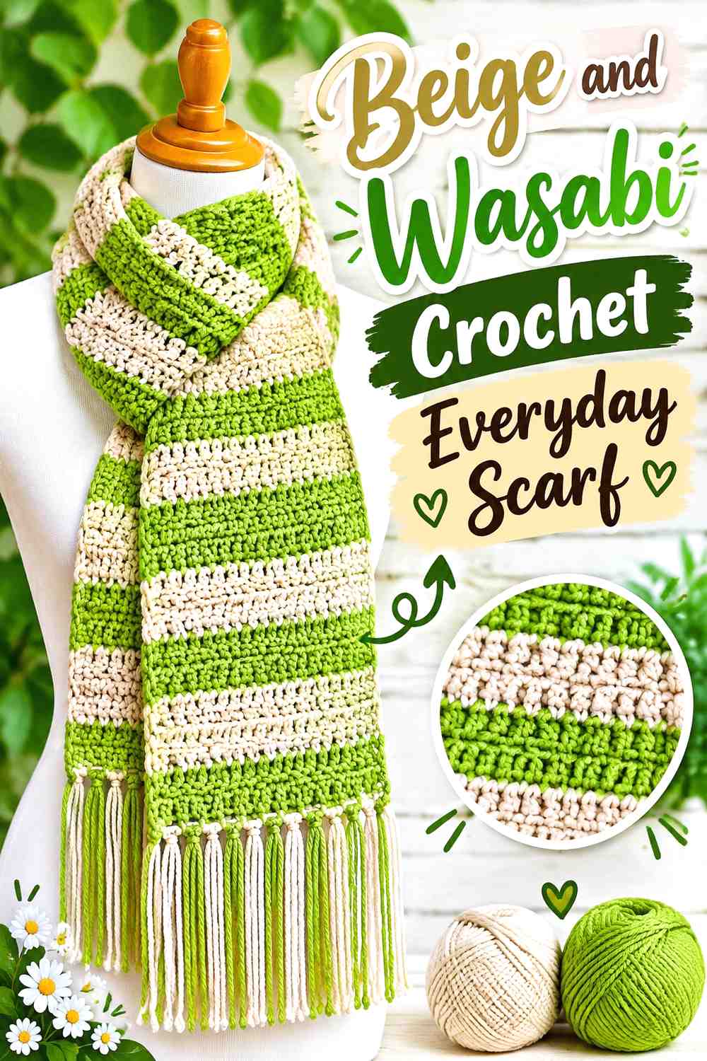 7. Beige And Wasabi Crochet Everyday Scarf