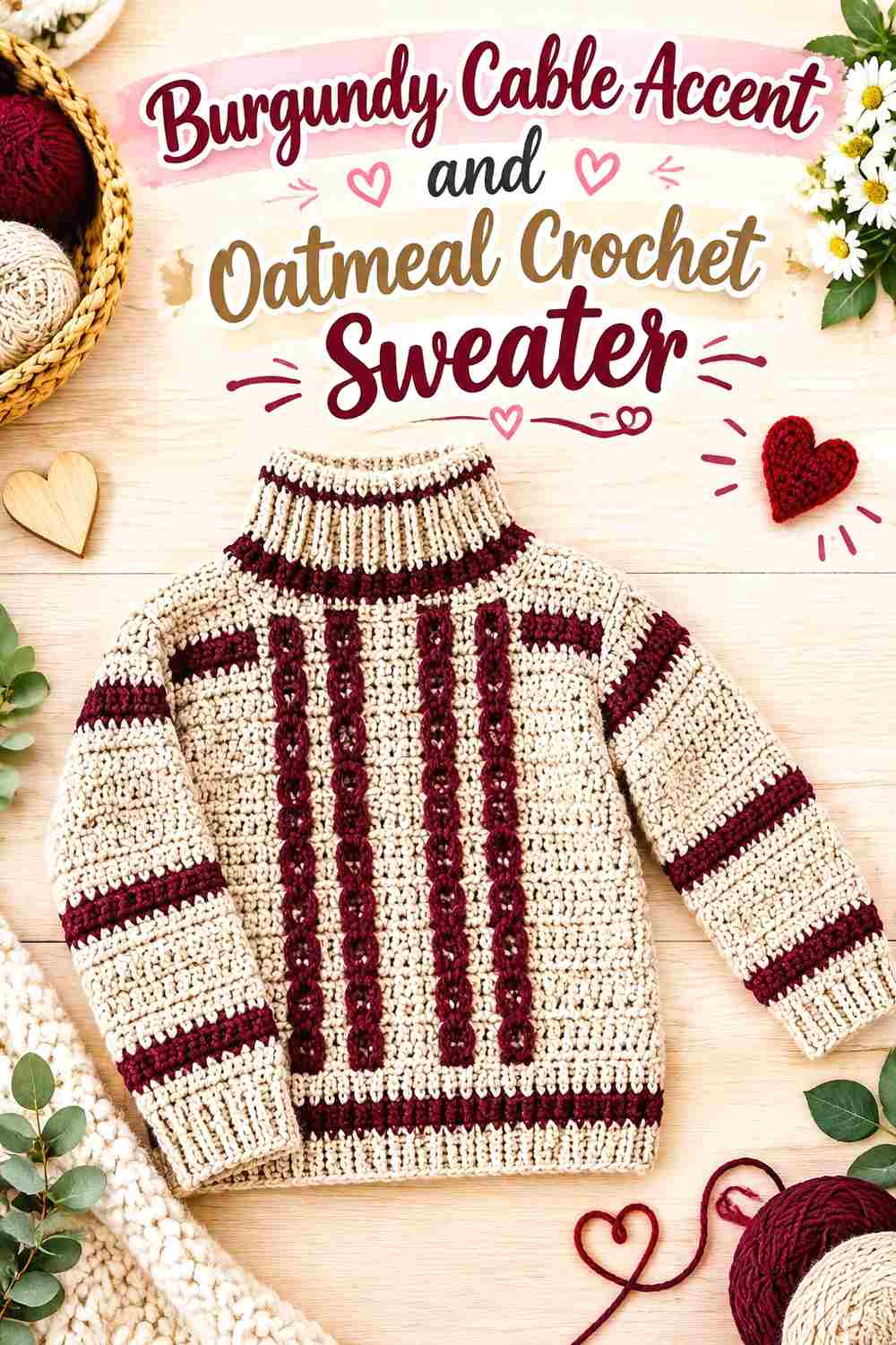 8. Burgundy Cable Accent And Oatmeal Crochet Sweater