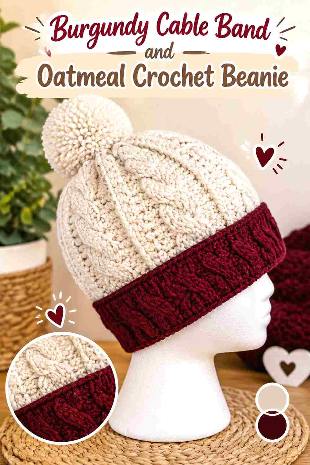 1. Burgundy Cable Band And Oatmeal Crochet Beanie
