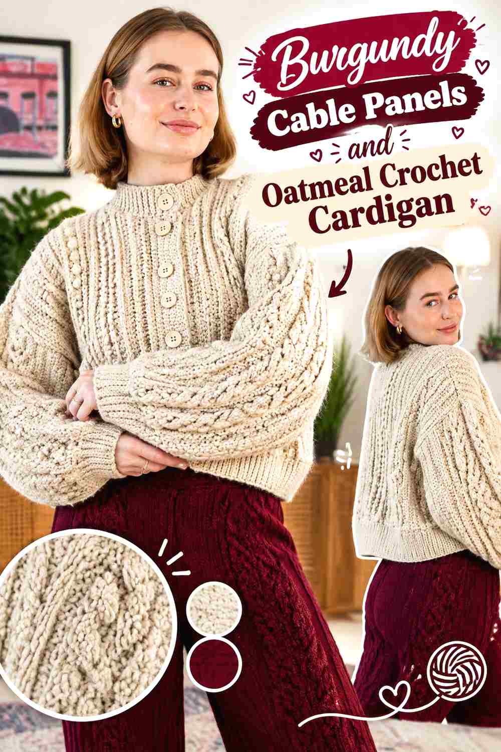 5. Burgundy Cable Panels And Oatmeal Crochet Cardigan