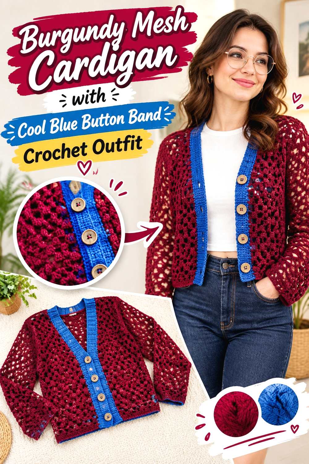 11. Burgundy Mesh Cardigan With Cool Blue Button Band Crochet Outfit