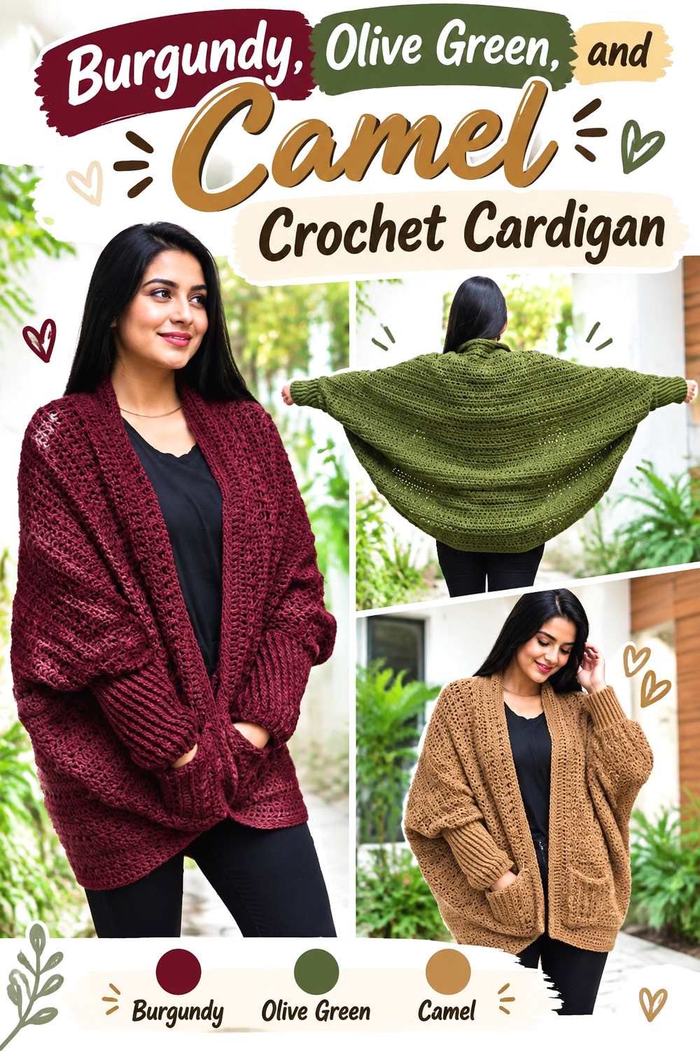 2. Burgundy Olive Green And Camel Crochet Cardigan
