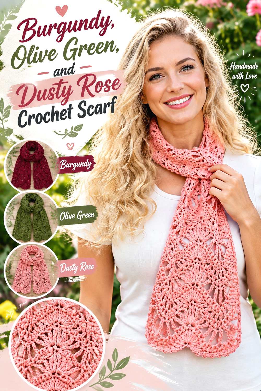 8. Burgundy Olive Green And Dusty Rose Crochet Scarf