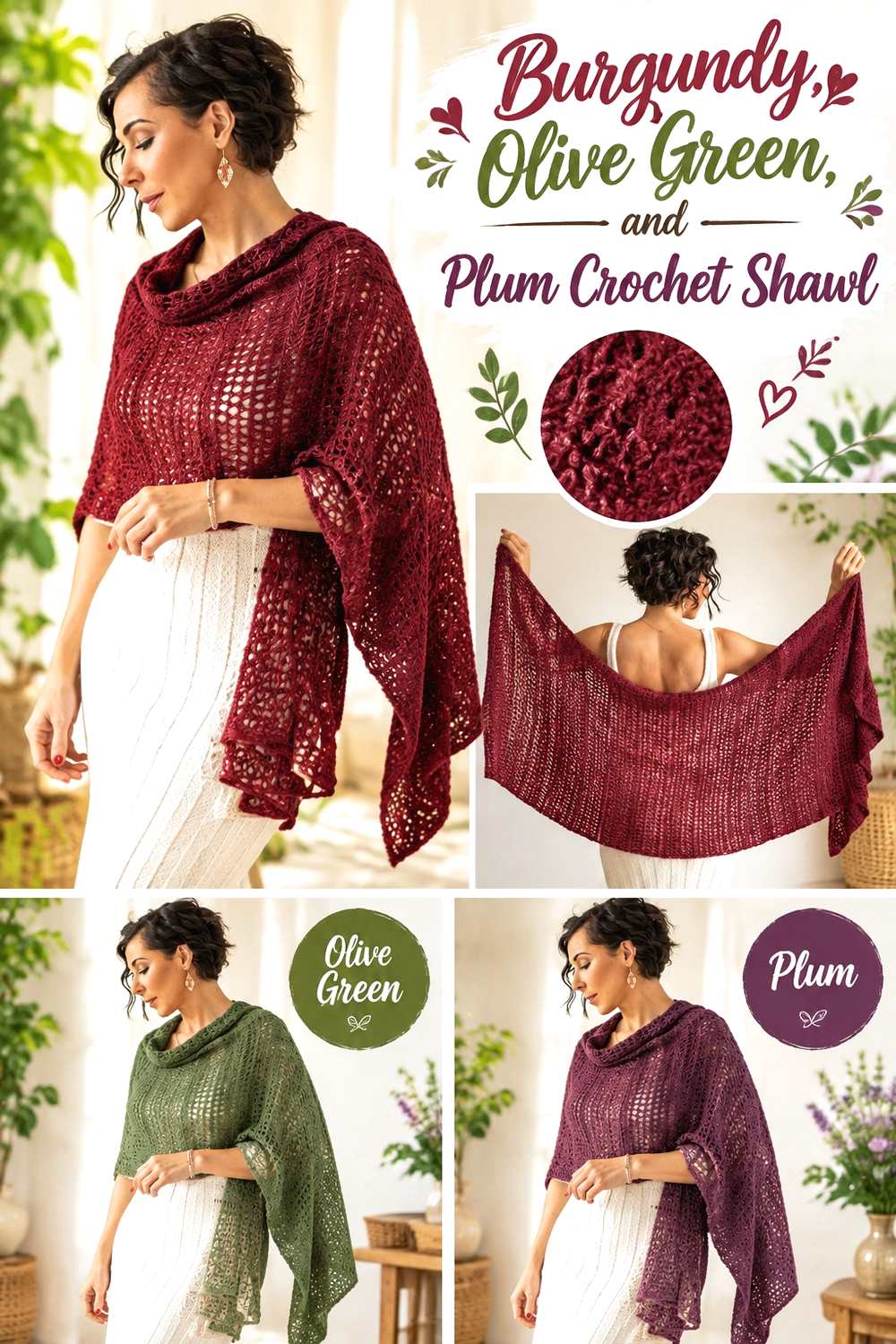 13. Burgundy Olive Green And Plum Crochet Shawl