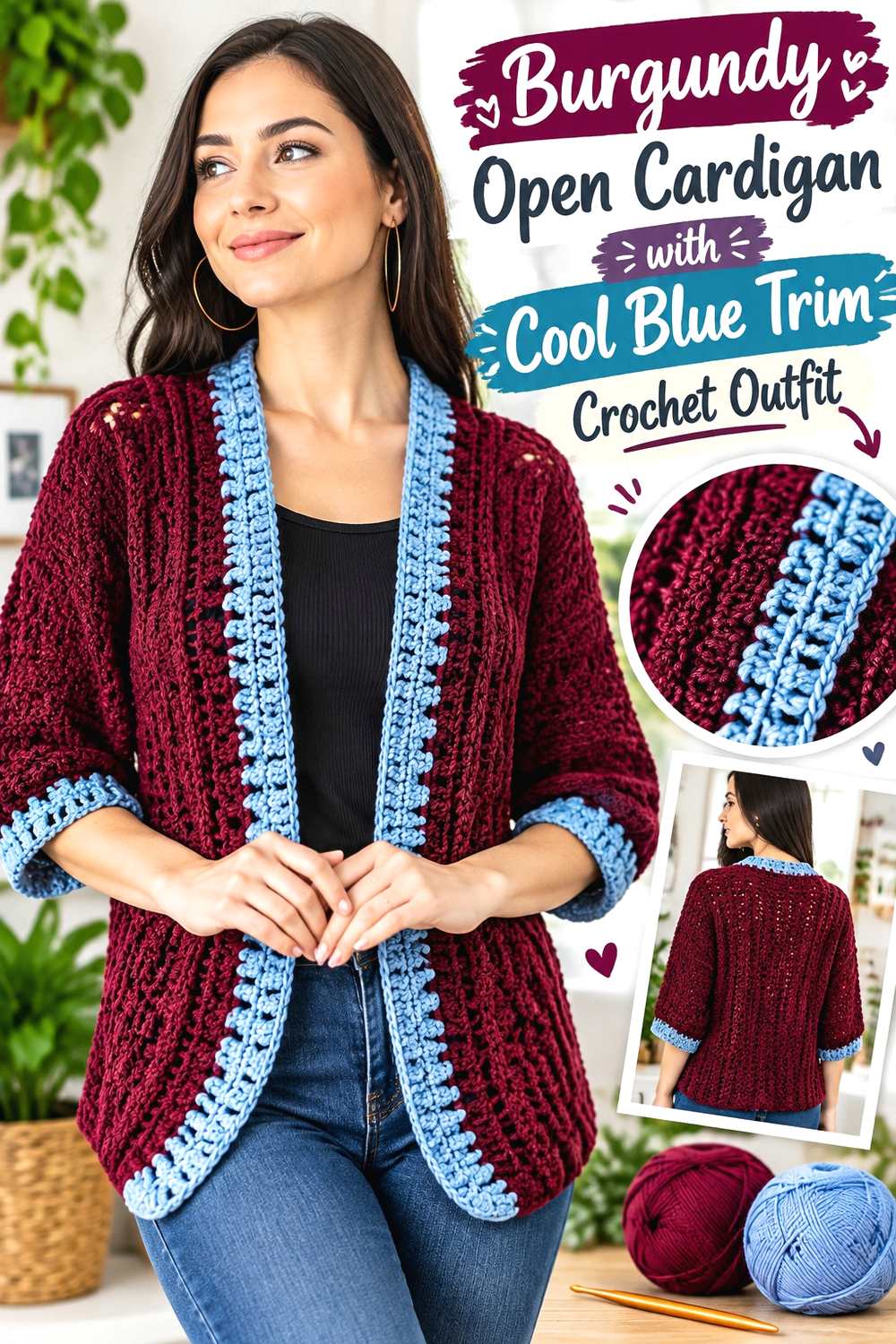 1. Burgundy Open Cardigan With Cool Blue Trim Crochet Outfit