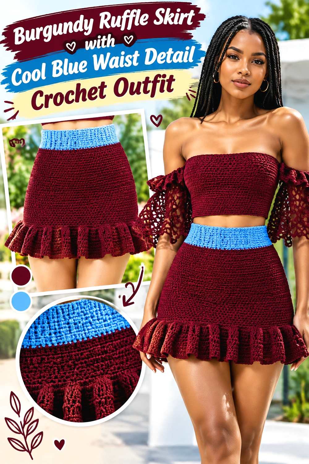5. Burgundy Ruffle Skirt With Cool Blue Waist Detail Crochet Outfit