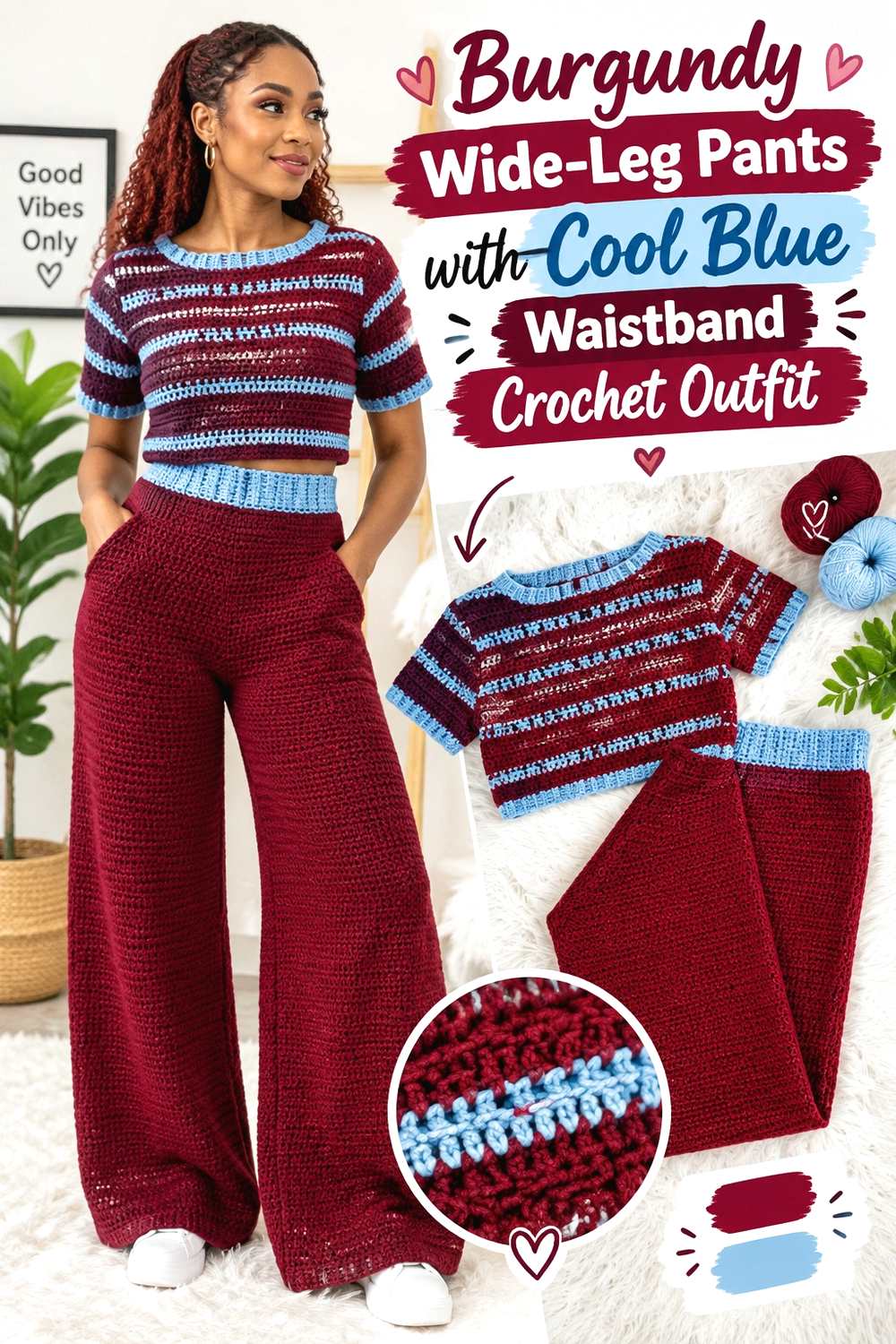 7. Burgundy Wide Leg Pants With Cool Blue Waistband Crochet Outfit