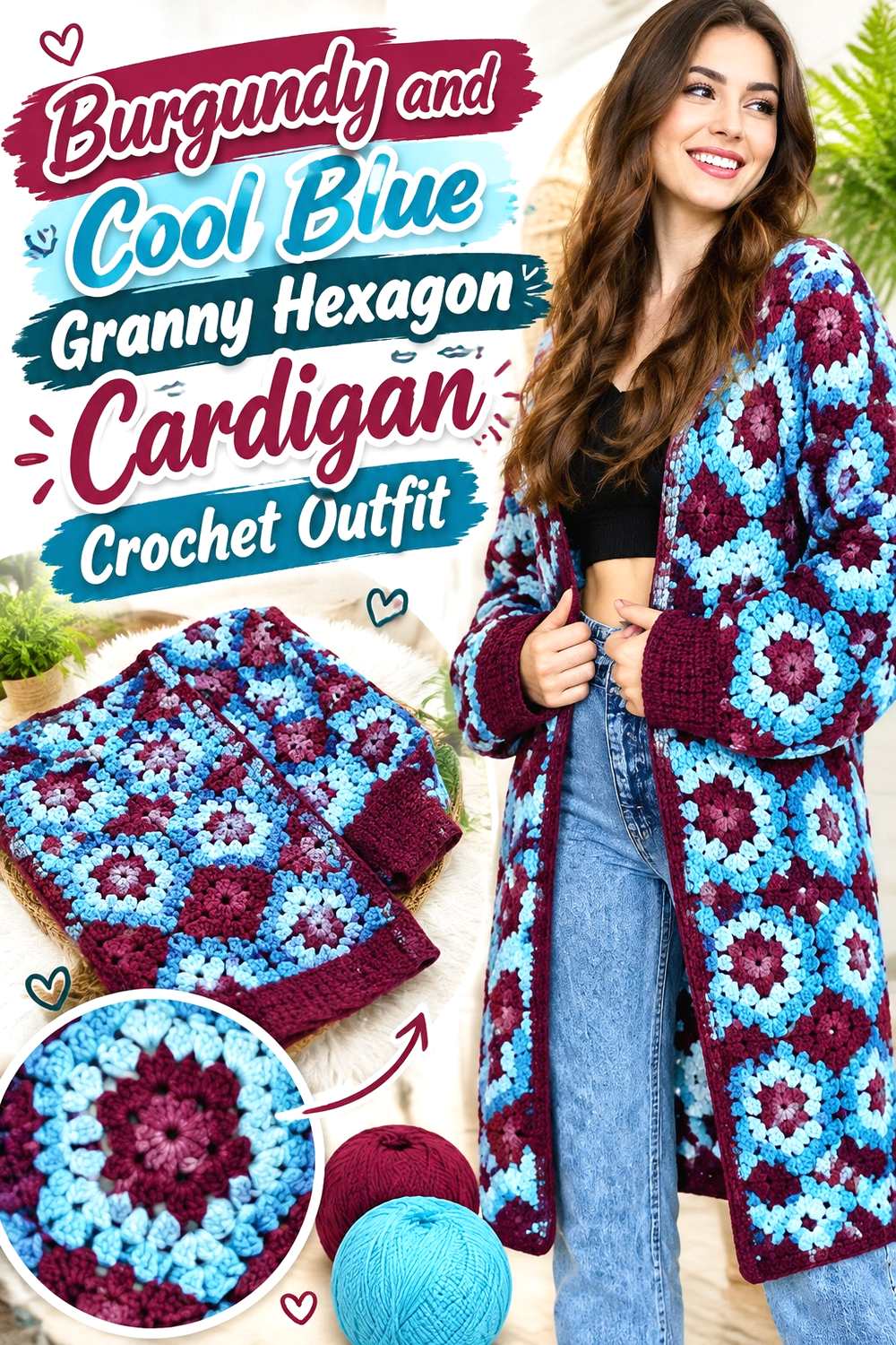 9. Burgundy And Cool Blue Granny Hexagon Cardigan Crochet Outfit