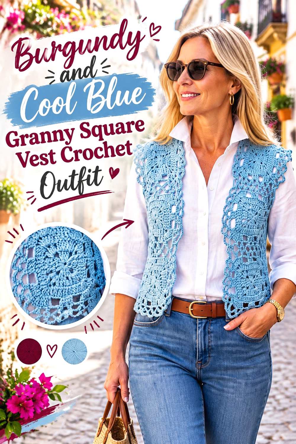 3. Burgundy And Cool Blue Granny Square Vest Crochet Outfit